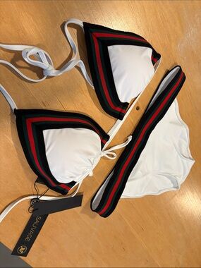 Sauvage ~ White Triangle Bikini Black Red & Green Trim
